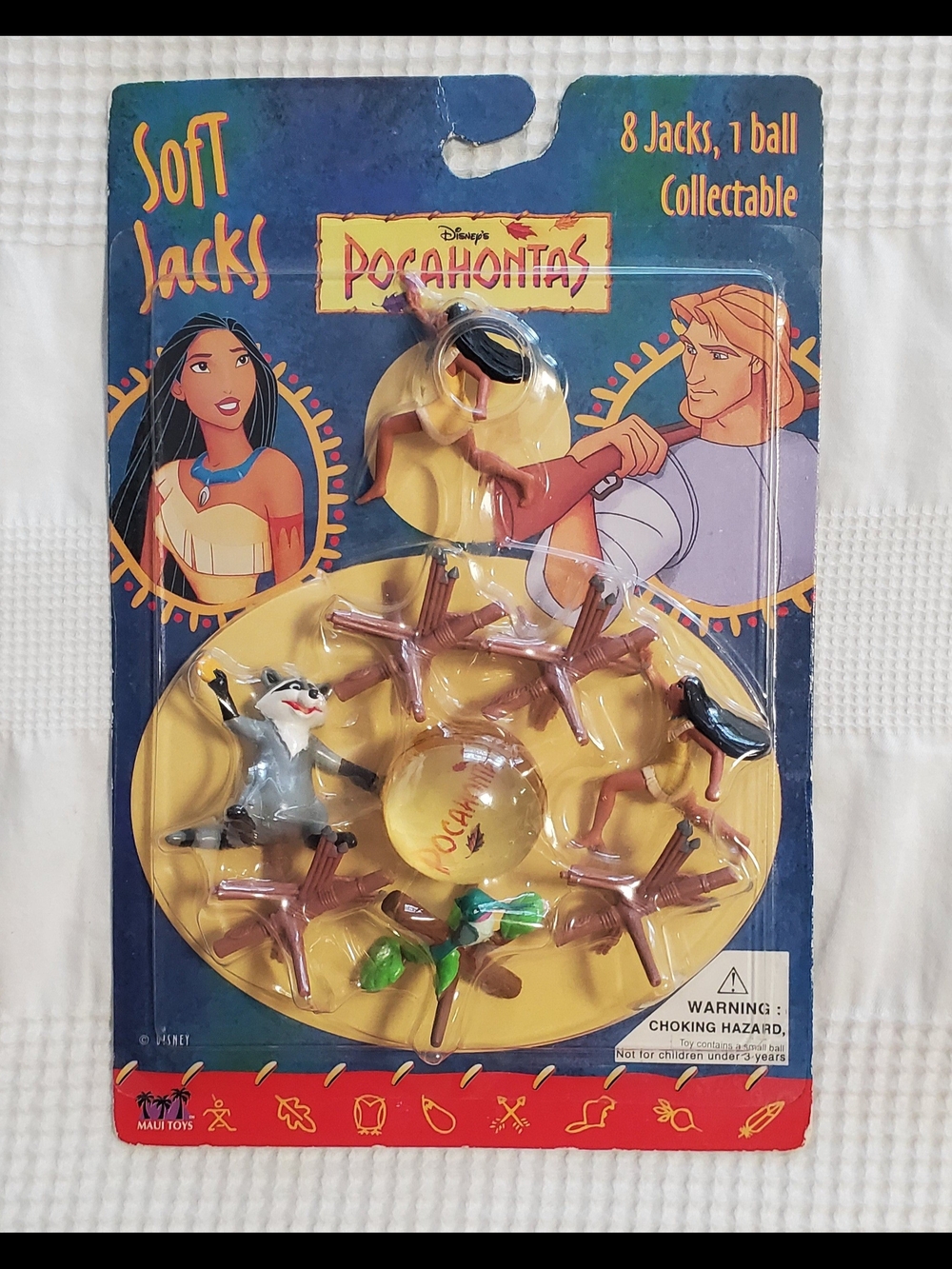 Collectible 1995 Disney Pocahontas Soft Jacks Set - Blue, Yellow & Brown